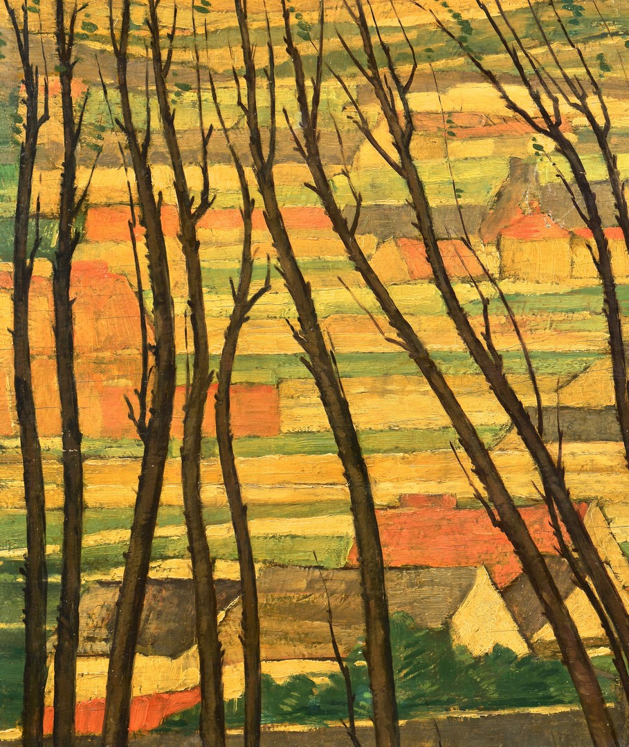 Lot 496: Henri Burkhard oil landscape, village through tree