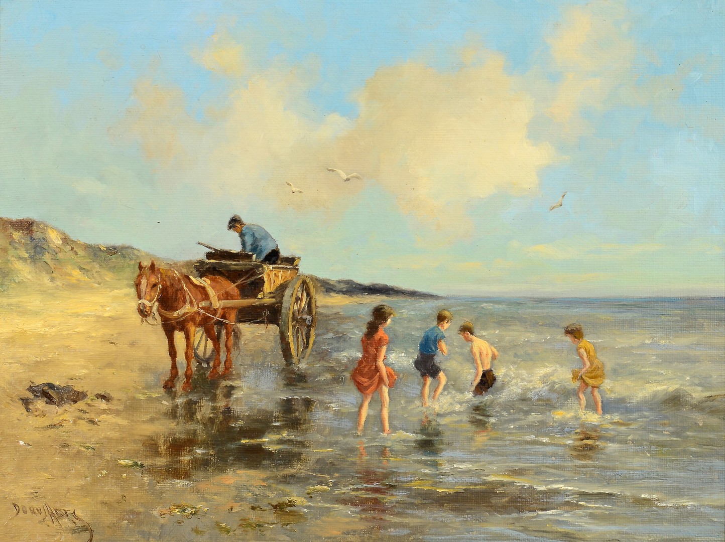Lot 499: Dorus Arts, O/C, Beach w/ Horse Drawn Cart