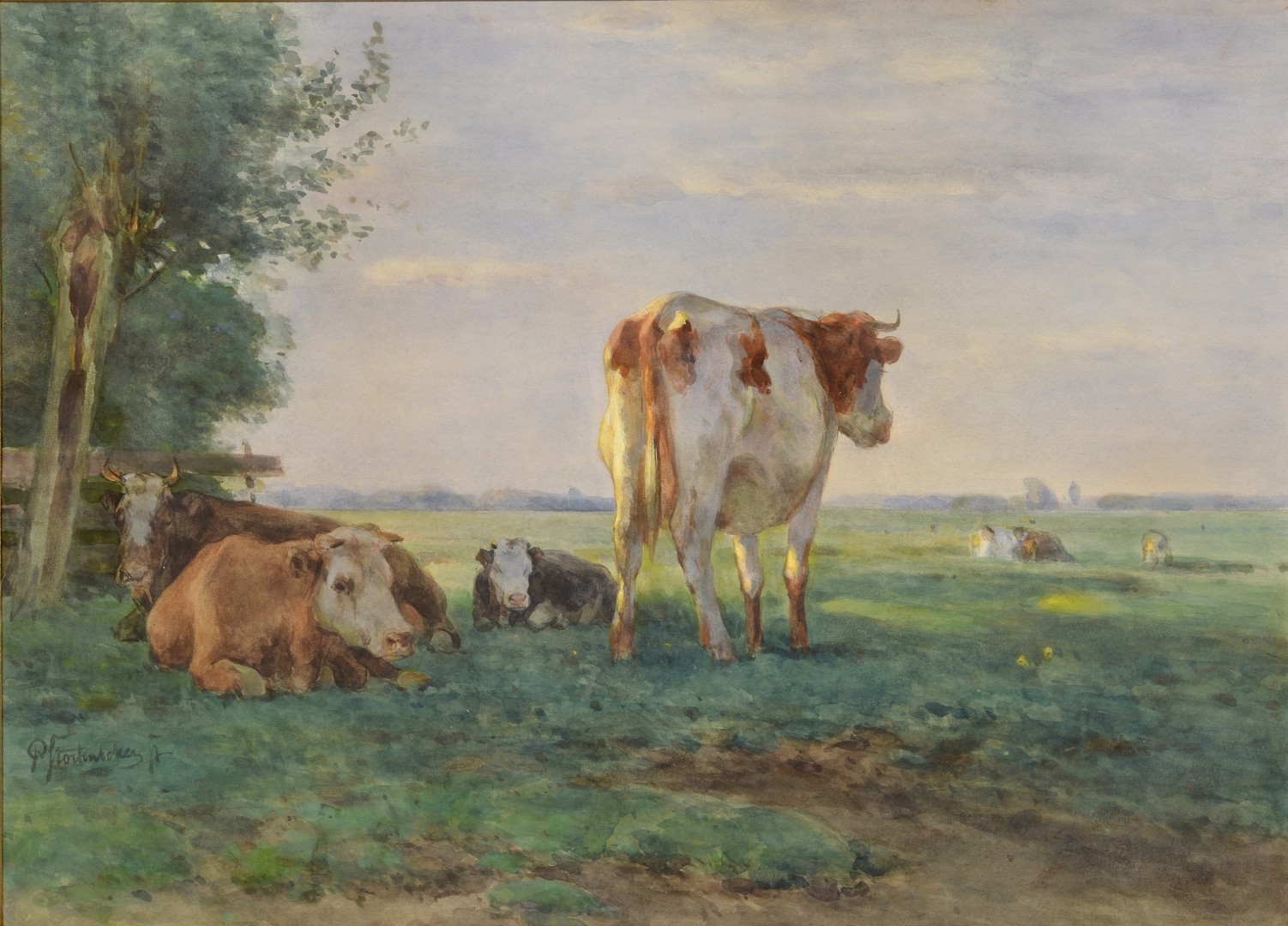 Lot 501: Pieter Stortenbeker Watercolor, Cows