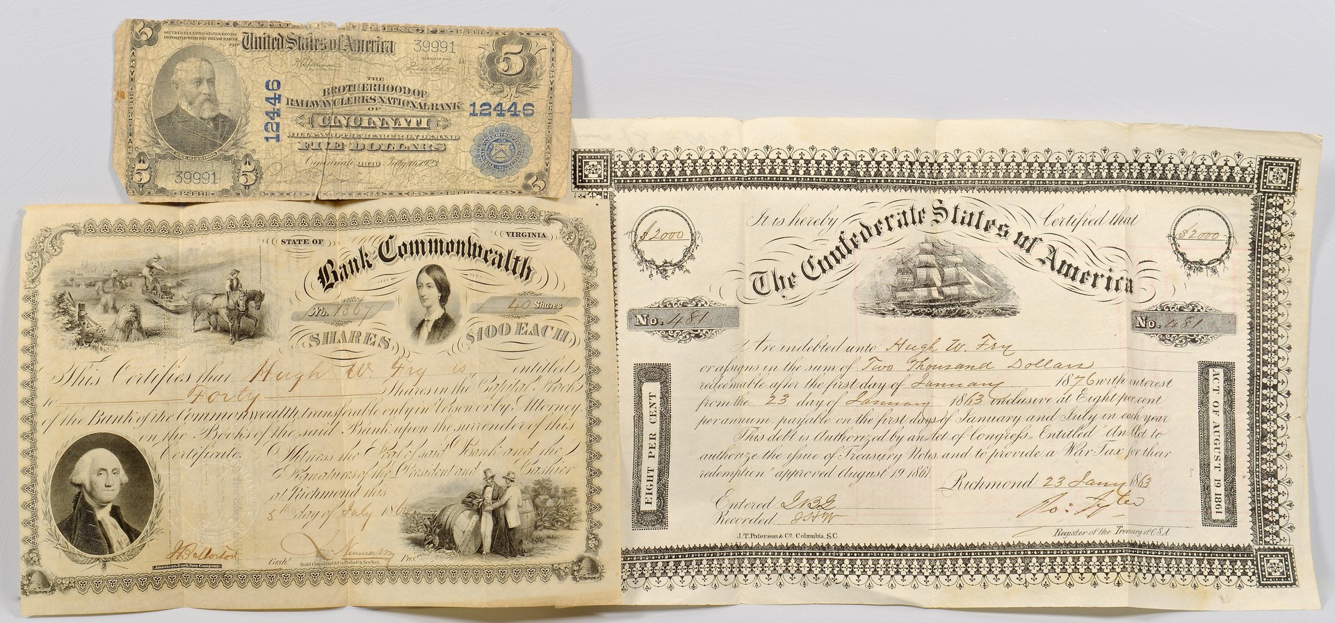 Lot 555: Civil War era Bond & Stock Certificate