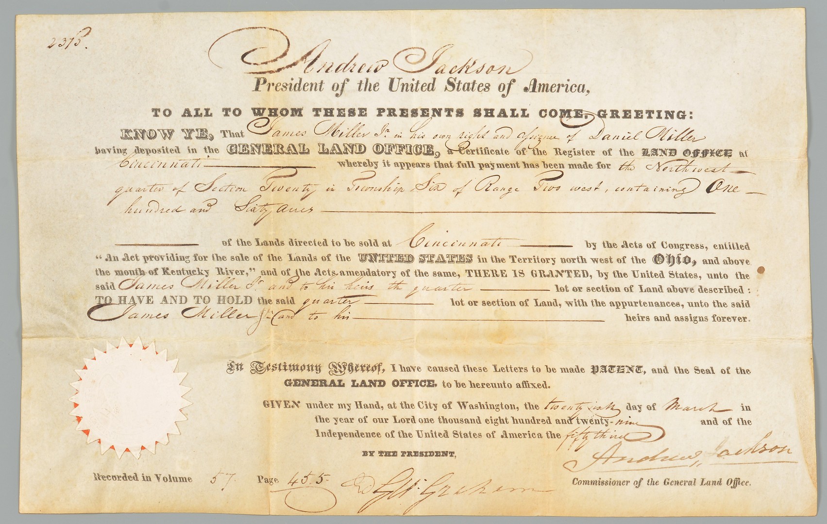 Lot 570: Andrew Jackson Signed OH Land Grant