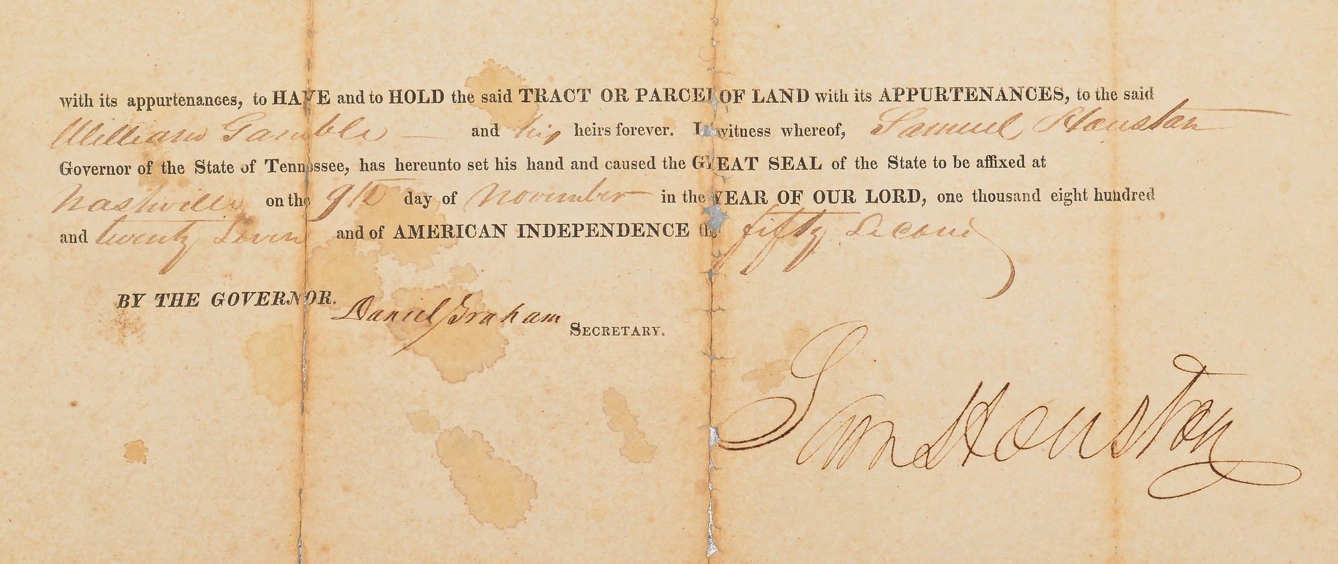 Lot 572: Sam Houston signed land grant