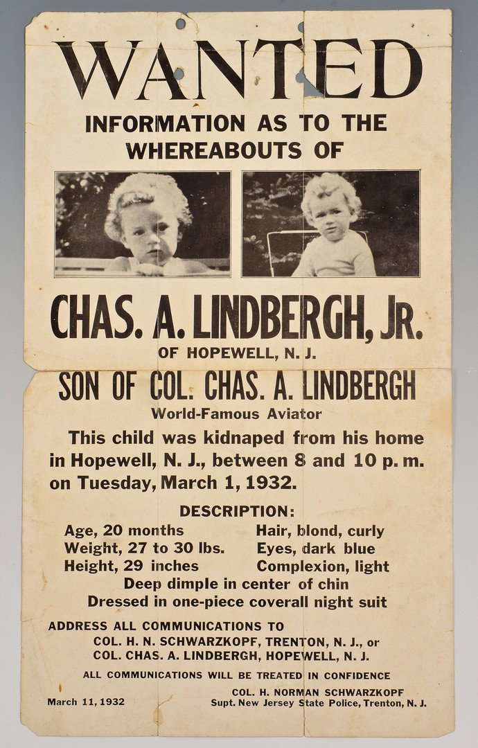 Lot 578: Lindbergh Baby Kidnappers Poster & Law Enforcement