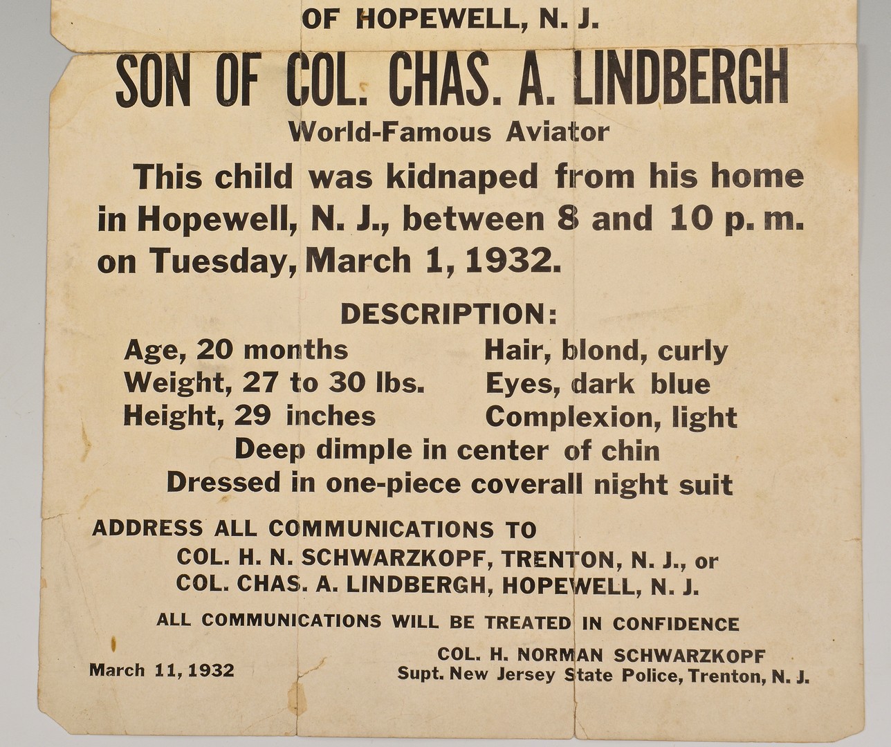 Lot 578: Lindbergh Baby Kidnappers Poster & Law Enforcement