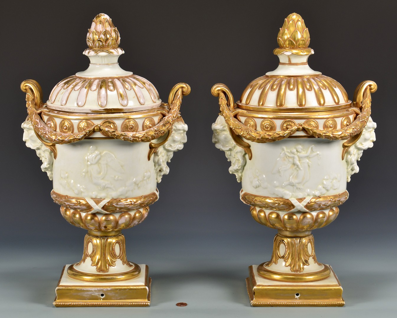 Lot 604: Large Pair Naples Porcelain Covered Urns