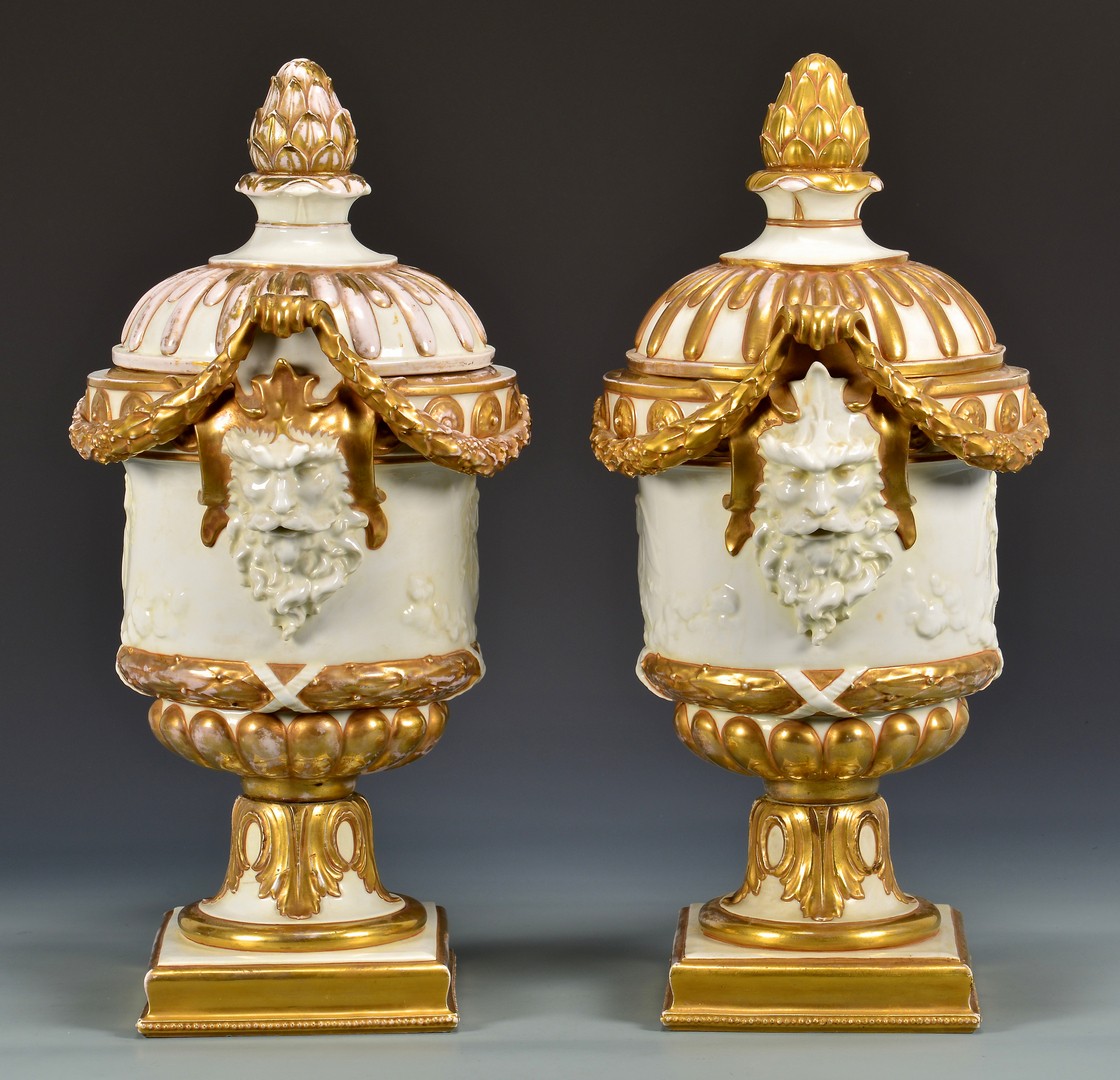 Lot 604: Large Pair Naples Porcelain Covered Urns