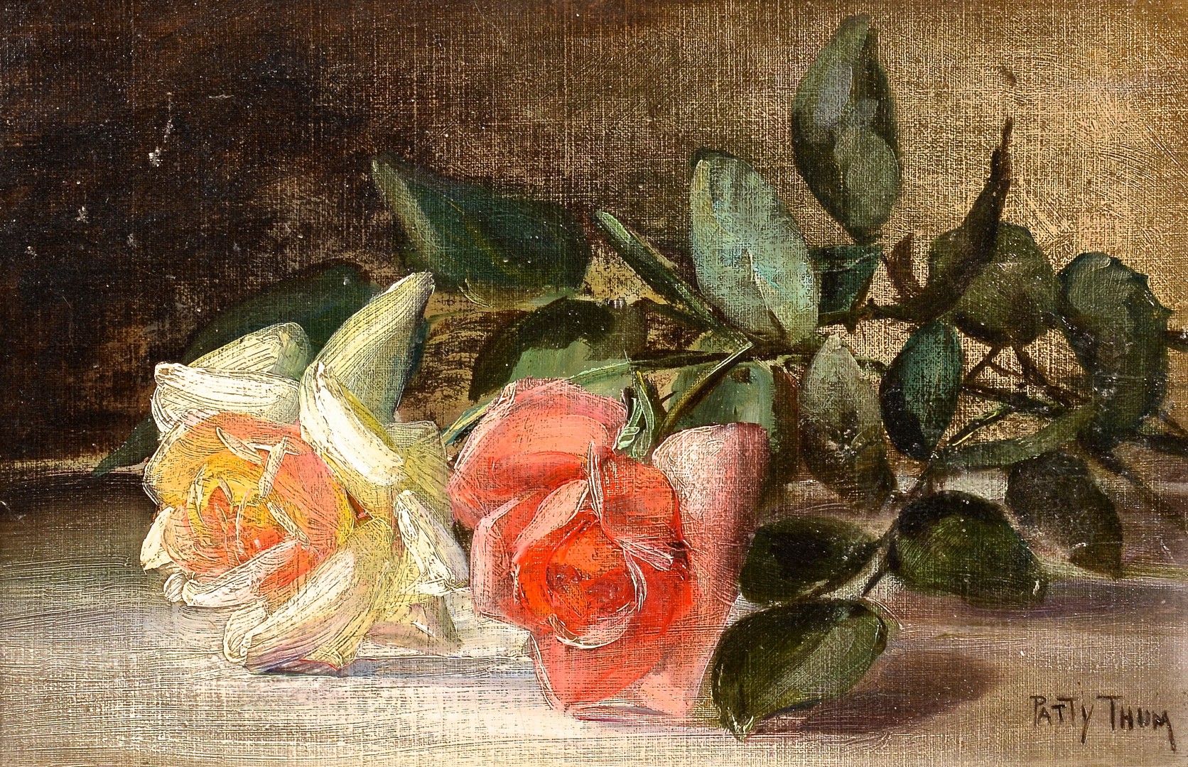 Lot 651: Patty Thum Oil on Canvas Still Life with Two Roses