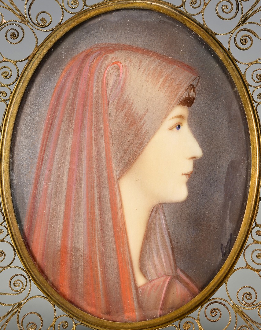 Lot 669: 2 Miniature Portraits of Females in Red Head Scarv