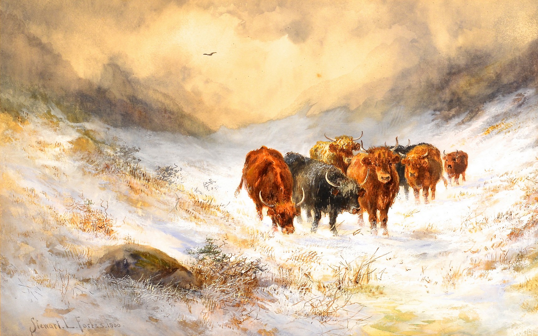 Lot 675: Stewart Forbes watercolor, Cattle in Snow