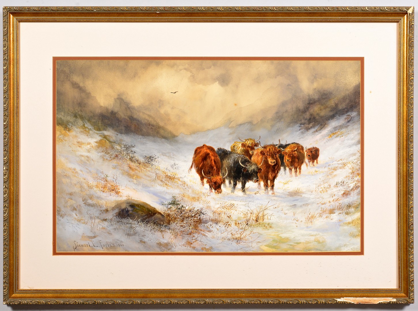 Lot 675: Stewart Forbes watercolor, Cattle in Snow