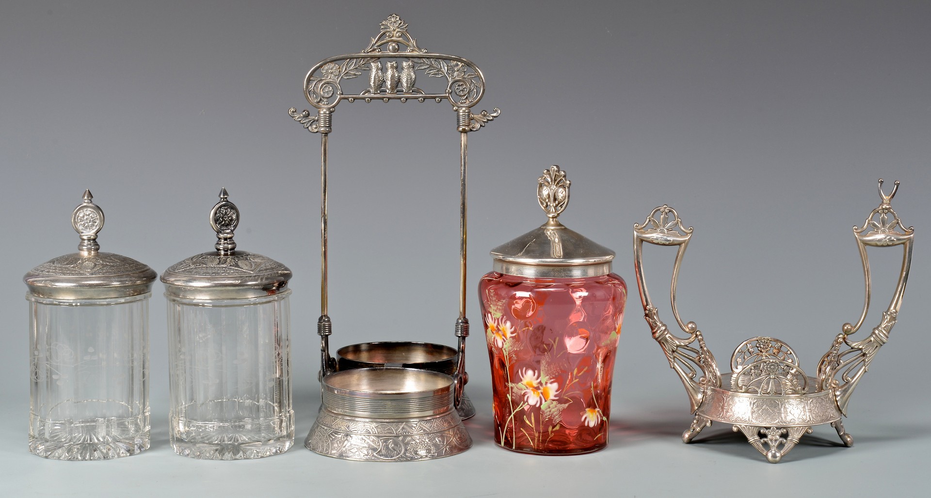 Lot 722: Coralene and other Pickle Casters, 4 total
