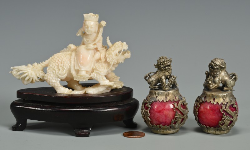 Lot 755: Coral Quan Yin plus Dragon Figures and Pair Chines