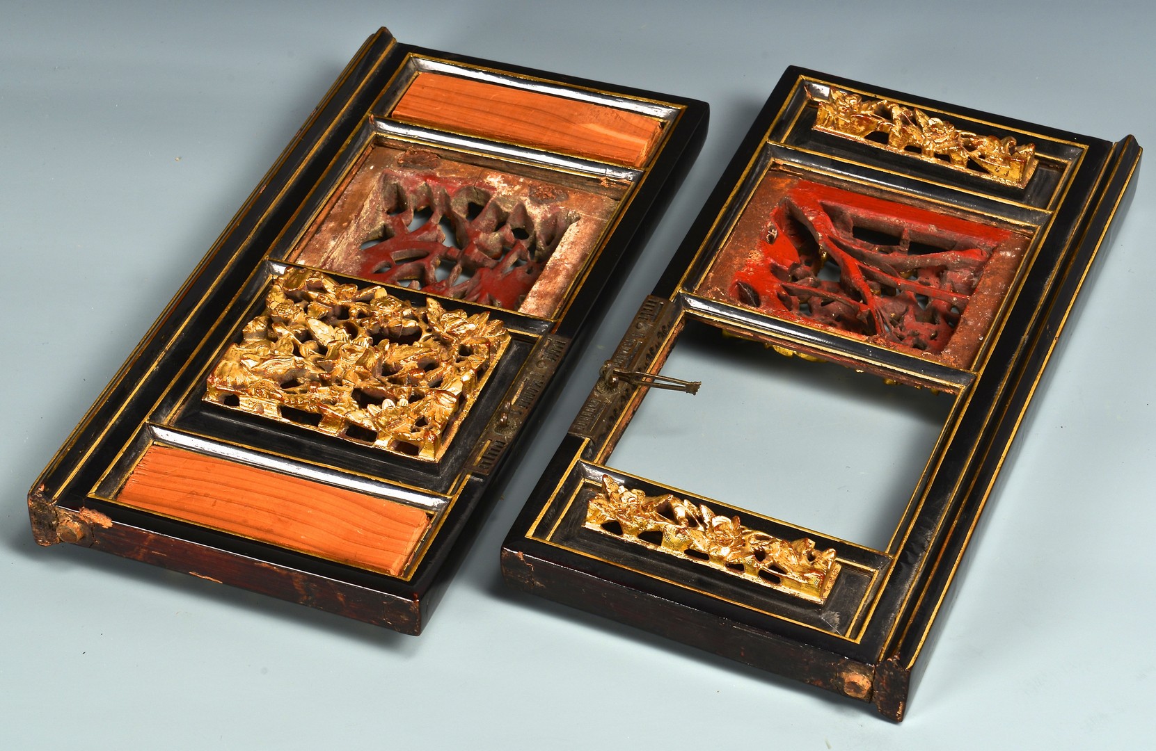 Lot 756: Chinese Lacquer Carved Gilt Altar Box & 2 Carved D