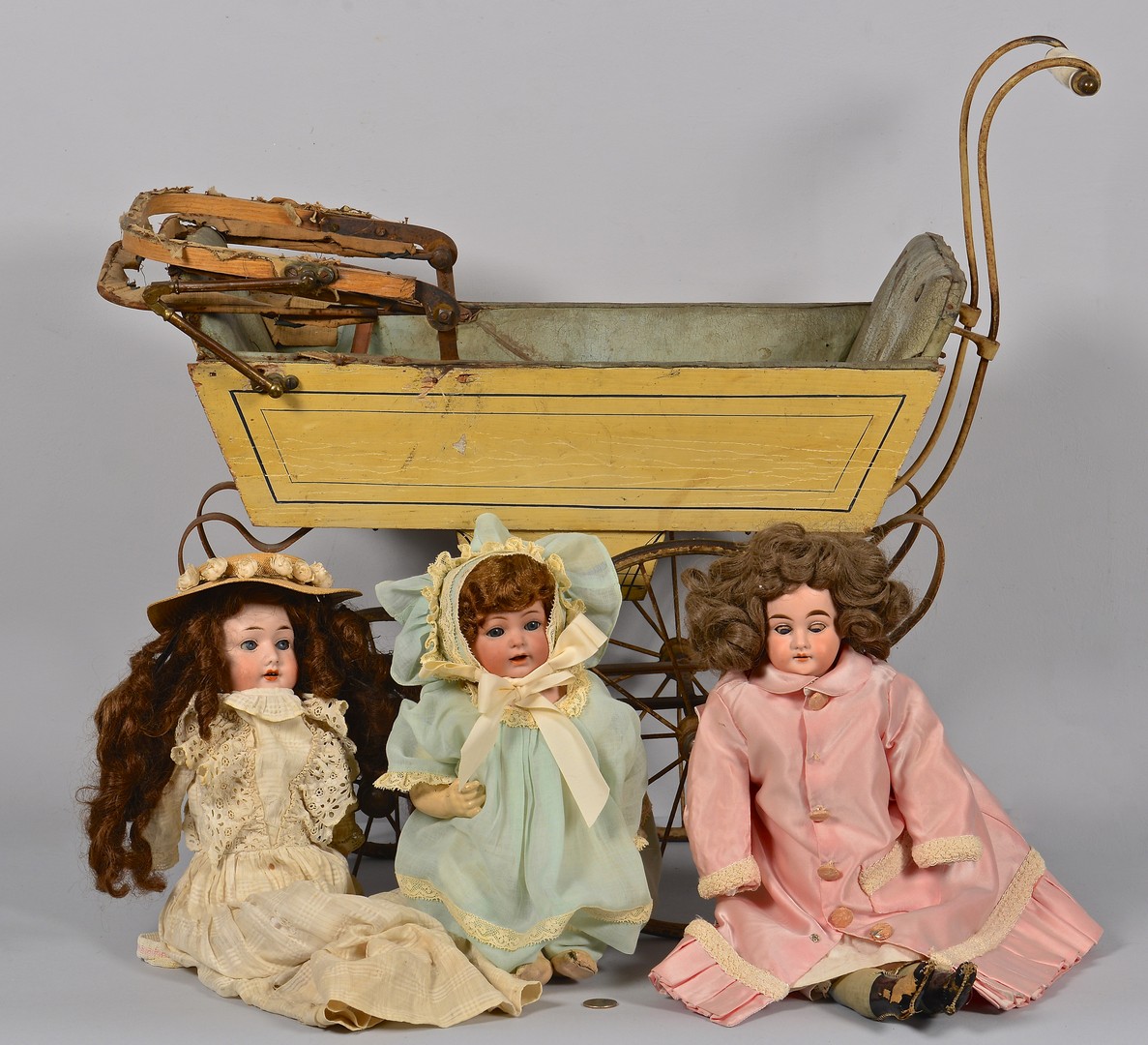 Lot 792: 3 Antique Dolls & Baby Buggy