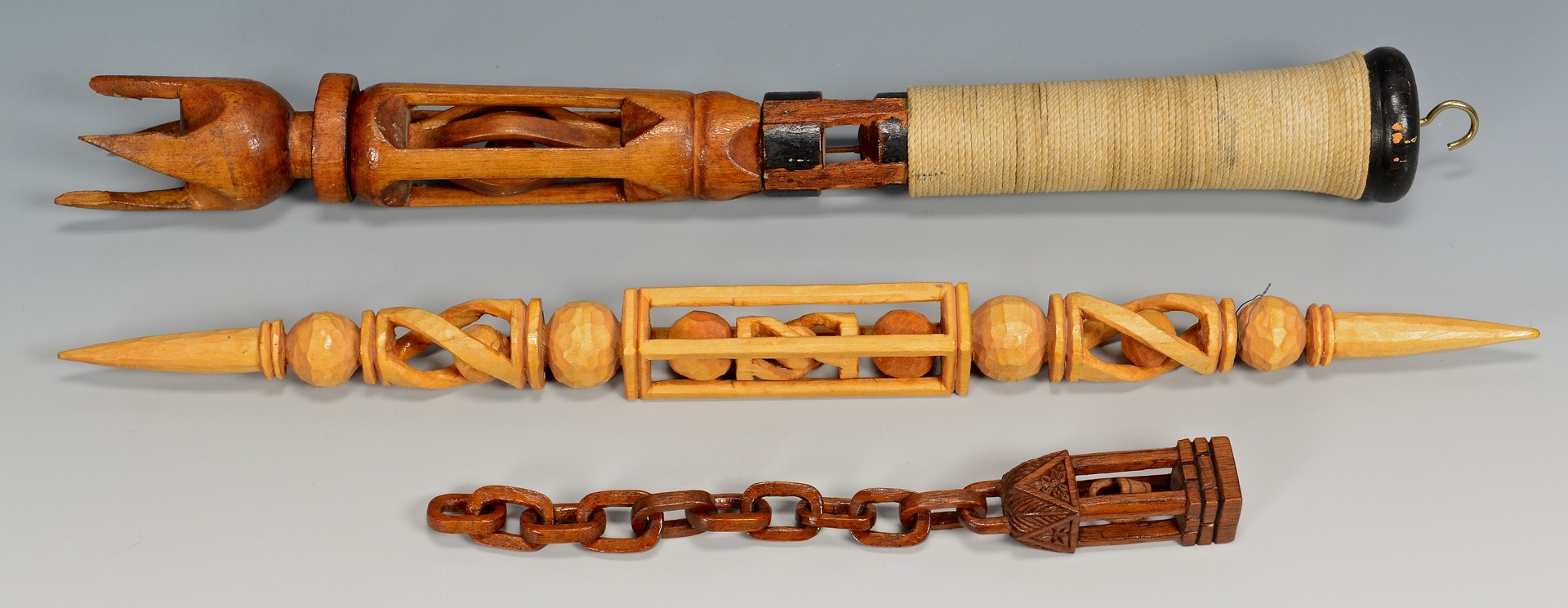 Lot 815: 6 Carved Folk Art Items, Canes & Chains