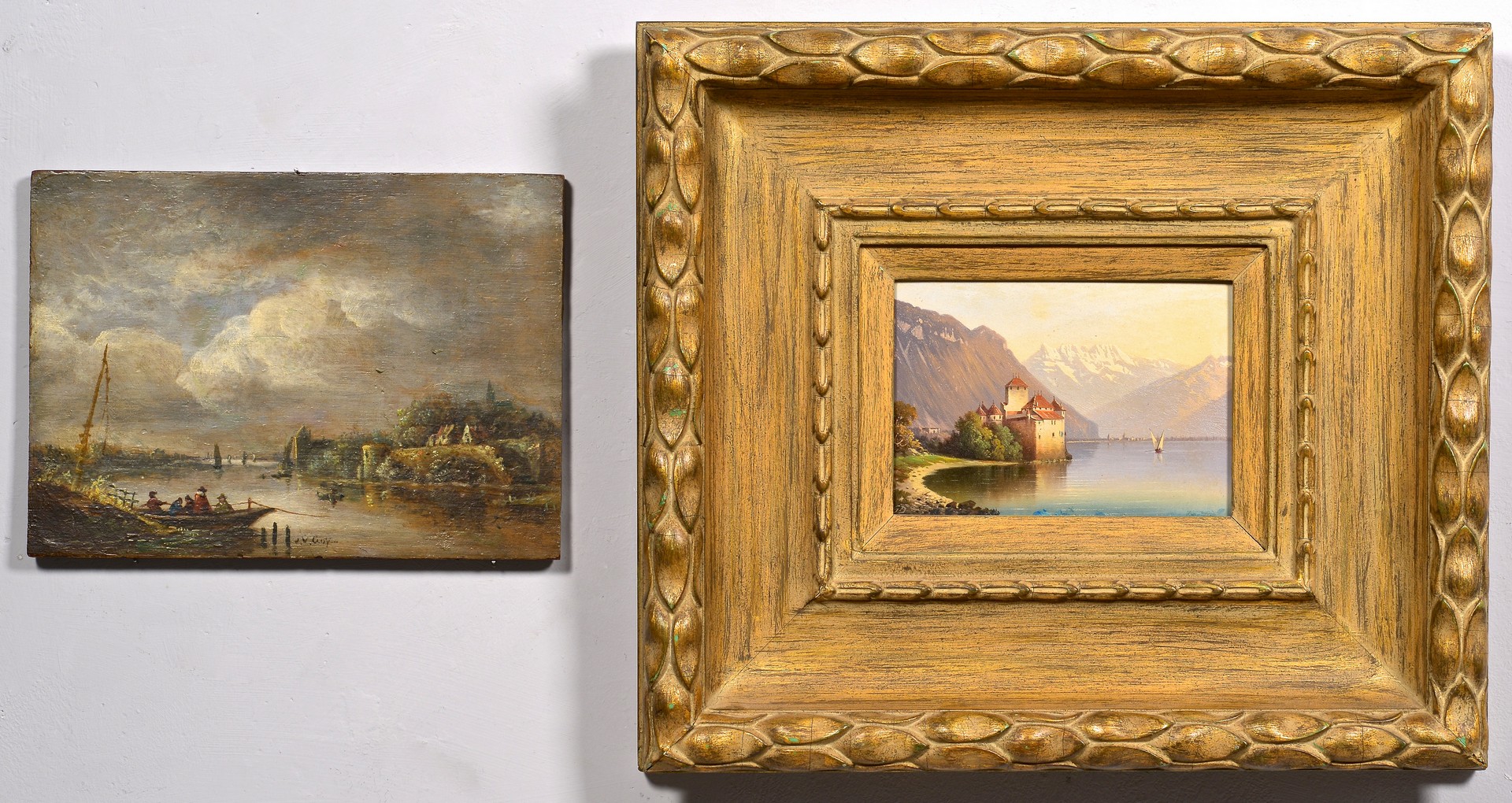 Lot 828: Two European Oil Painting Lake Scenes