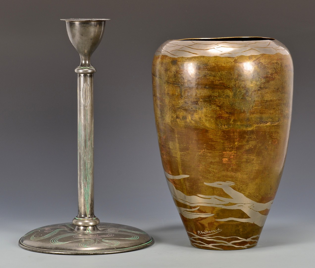 Lot 861: Evolution Dinanderie Vase & Art Deco Candlestick