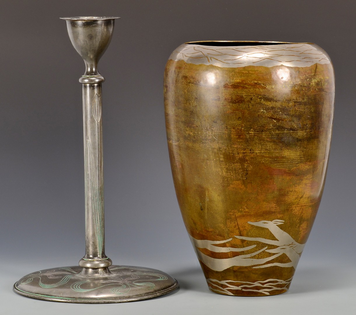Lot 861: Evolution Dinanderie Vase & Art Deco Candlestick