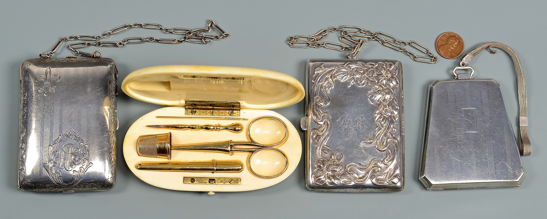 Lot 937: Sterling Coin Purses & Ivory/gold Sewing Kit