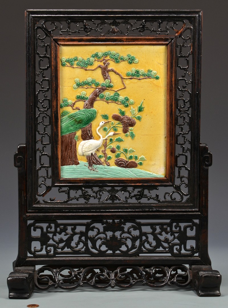 Lot 9: Chinese Table Screen w/ Sancai Plaque