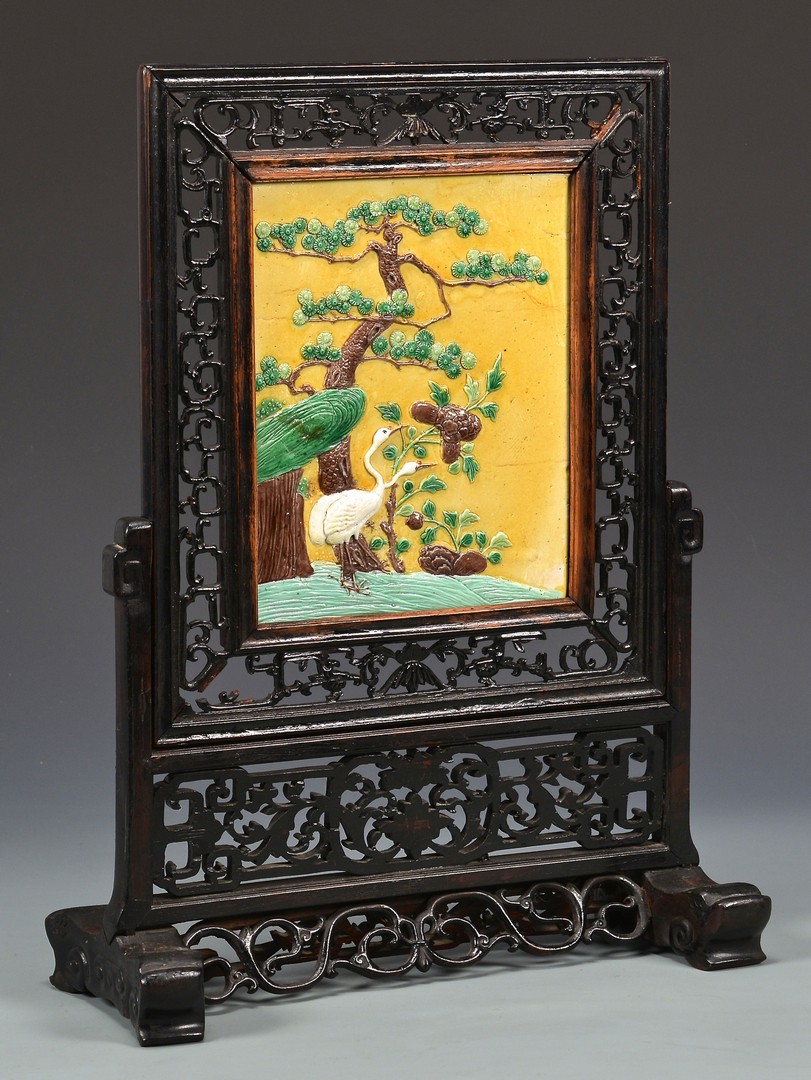 Lot 9: Chinese Table Screen w/ Sancai Plaque