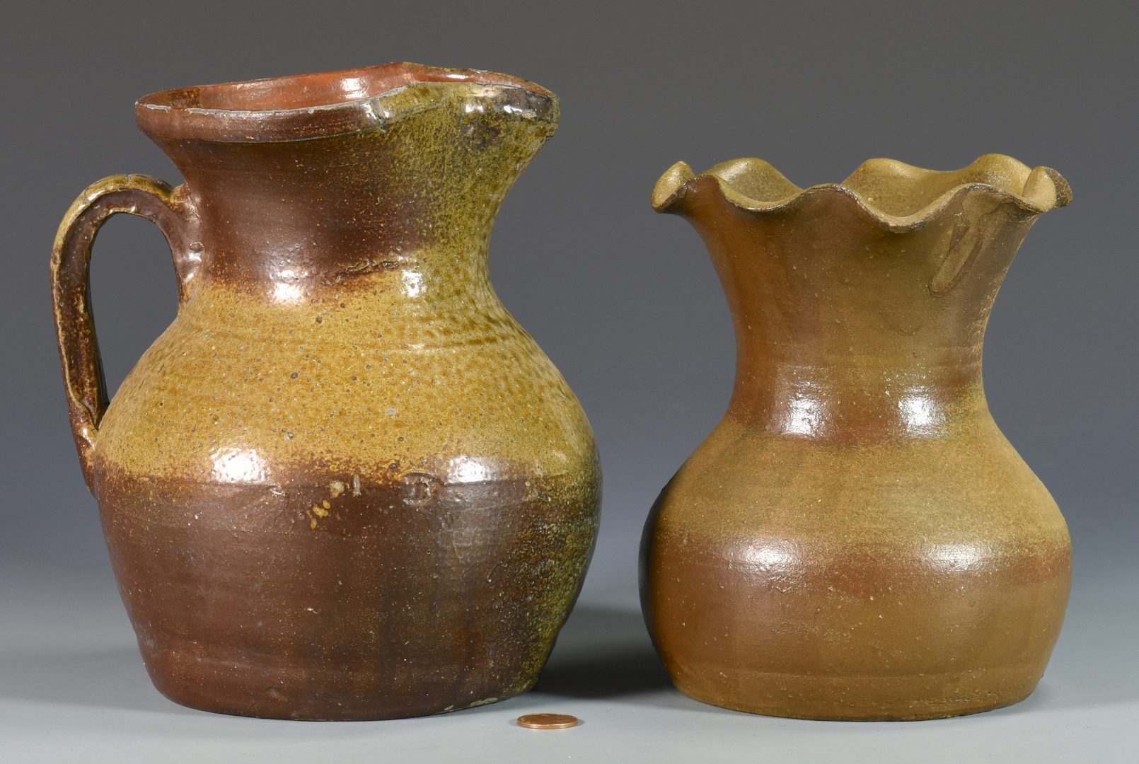 Lot 128: Middle TN Pottery Pitcher & Ruffled Rim Vase
