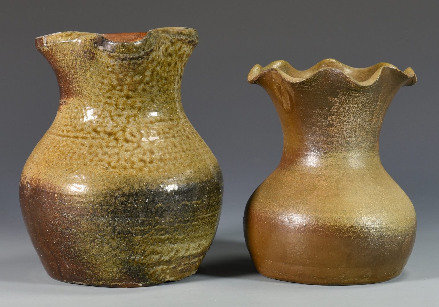 Lot 128: Middle TN Pottery Pitcher & Ruffled Rim Vase