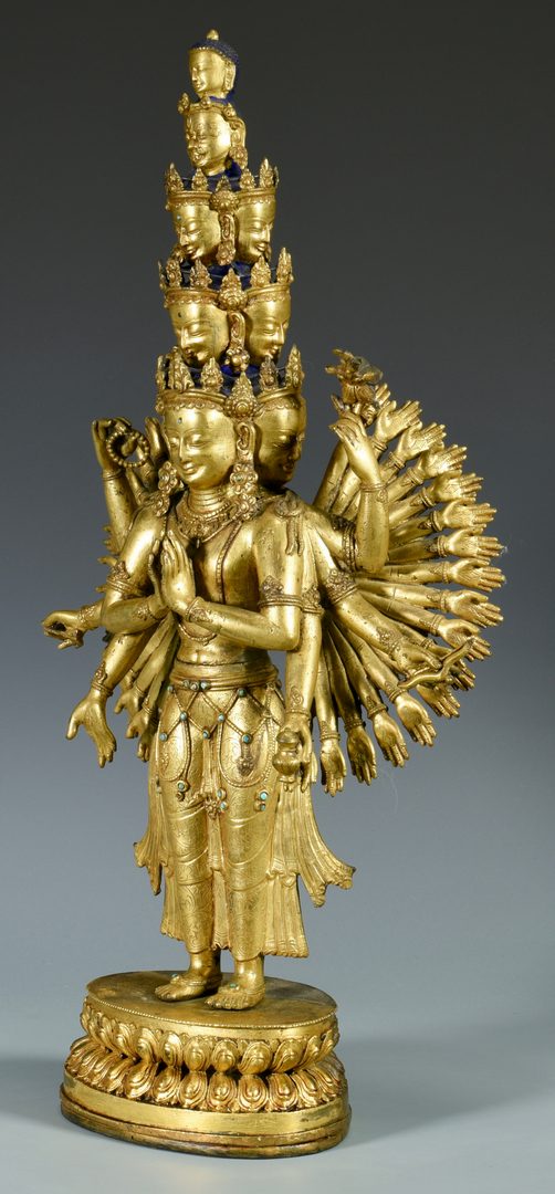 Lot 12: Gilt Bronze Jeweled Avalokitesvara Sculpture