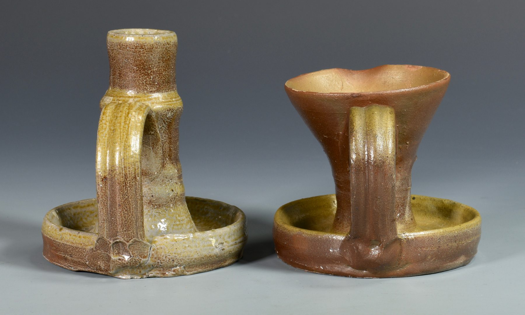 Lot 130: Middle TN Pottery Grease Lamp & Candlestick