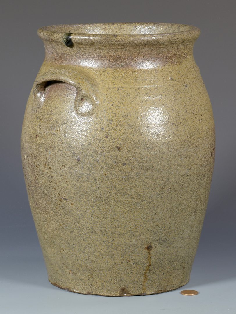 Lot 138: 19th C. NC  Stoneware Jar, signed G. Wolf
