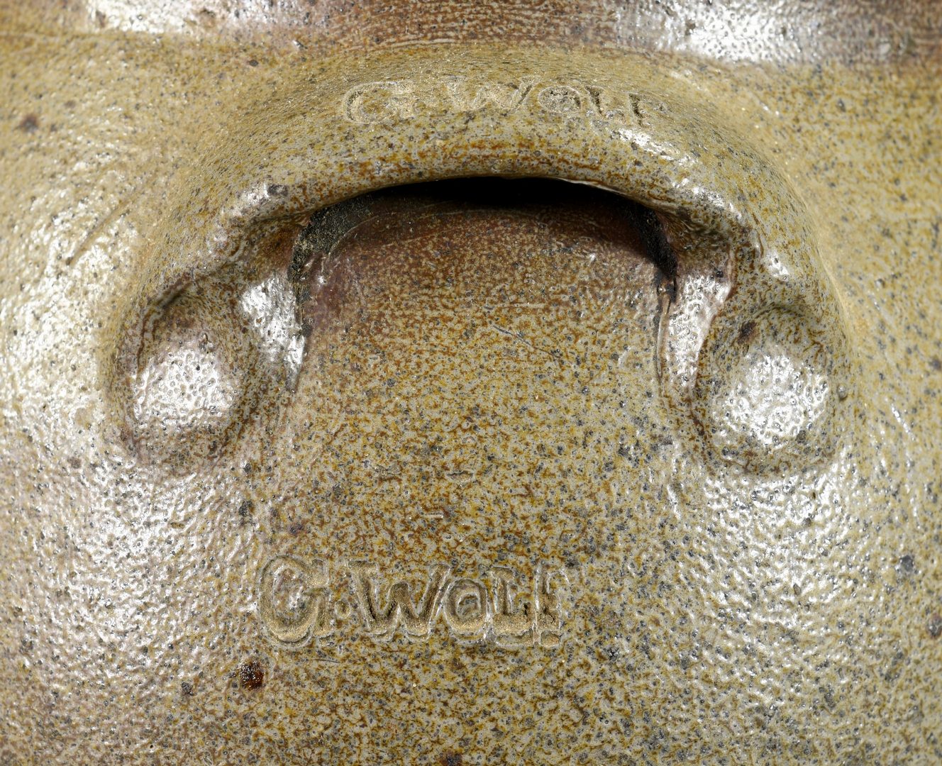 Lot 138: 19th C. NC  Stoneware Jar, signed G. Wolf