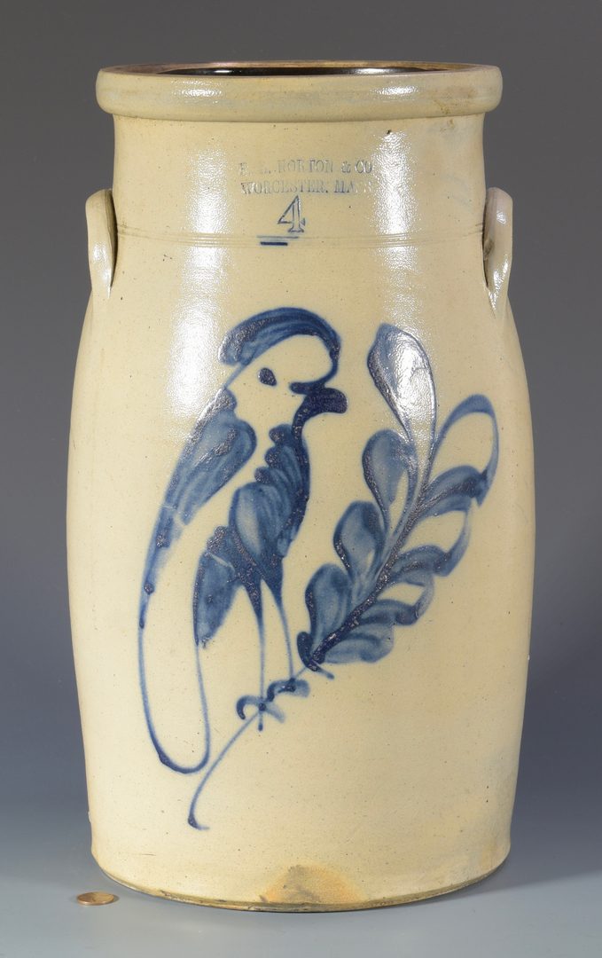 Lot 146: F. B. Norton Stoneware Churn, Bird Design