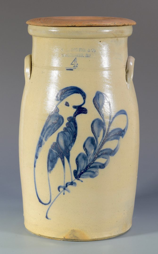 Lot 146: F. B. Norton Stoneware Churn, Bird Design