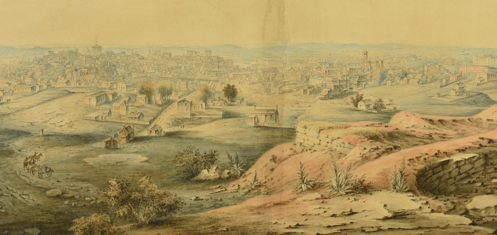 Lot 220: 19th c. Watercolor View, Nashville from Ft. Negley