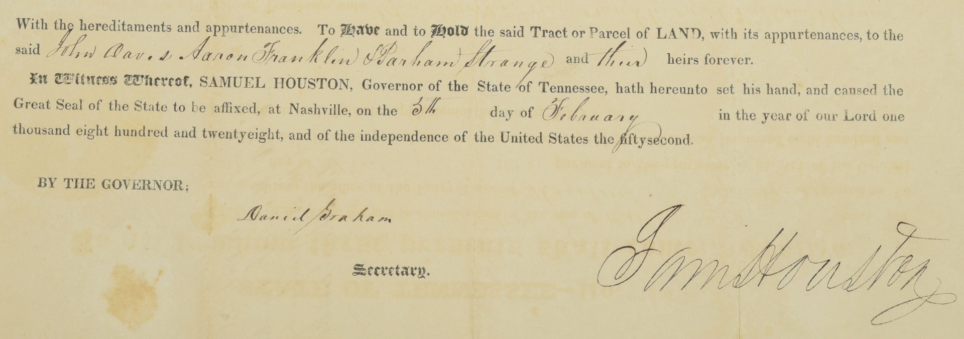 Lot 223: Sam Houston Signed Land Grant to 3 men