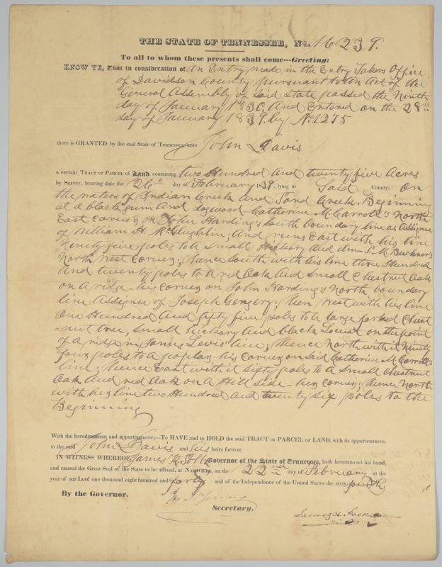 Lot 225: Gov. James K. Polk Signed Land Grant, Feb. 1840