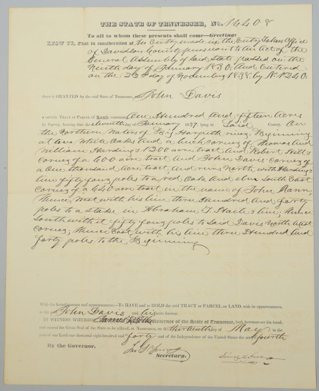 Lot 226: Gov. James K. Polk Signed Land Grant, May 1840