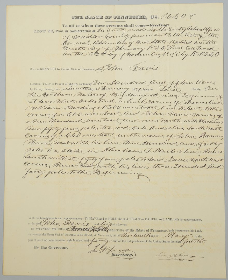 Lot 226: Gov. James K. Polk Signed Land Grant, May 1840