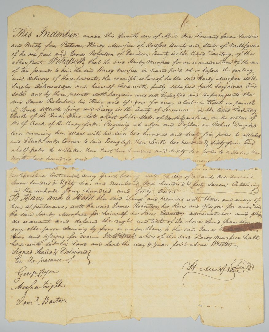 Lot 228: Col. Hardy Murfree signed land sale to James Robertson
