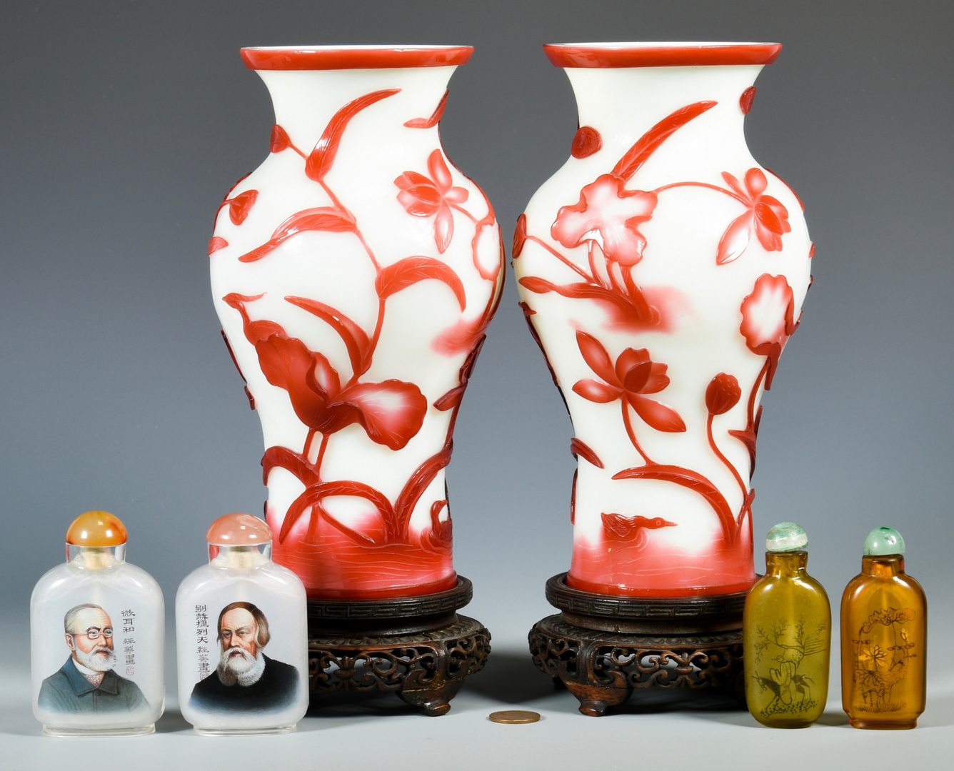 Lot 325: Pr. Peking Glass Vases & 4 Snuff Bottles