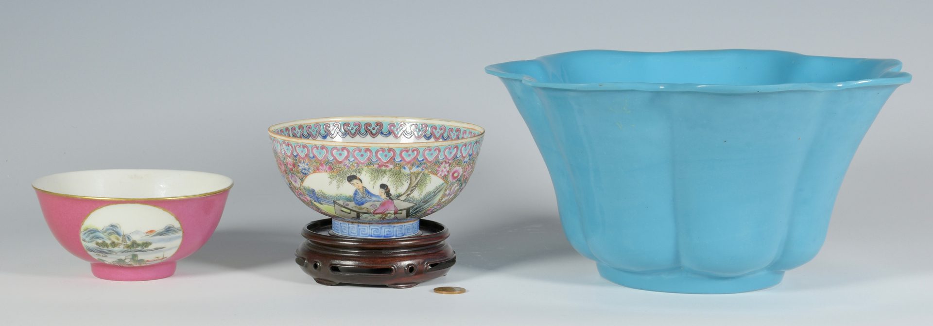 Lot 350: 2 Porcelain Rice Bowls plus Large Peking Glass Bowl