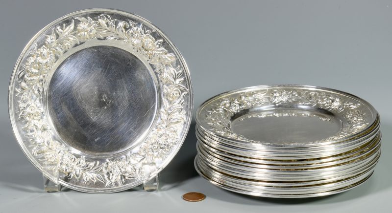 Lot 456: 14 Kirk Stieff Repousse Sterling Bread Plates