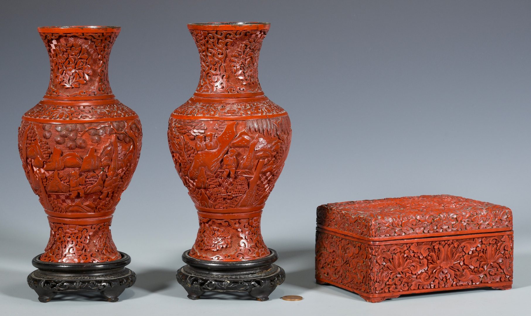 Lot 4: Chinese Cinnabar Vases & Box
