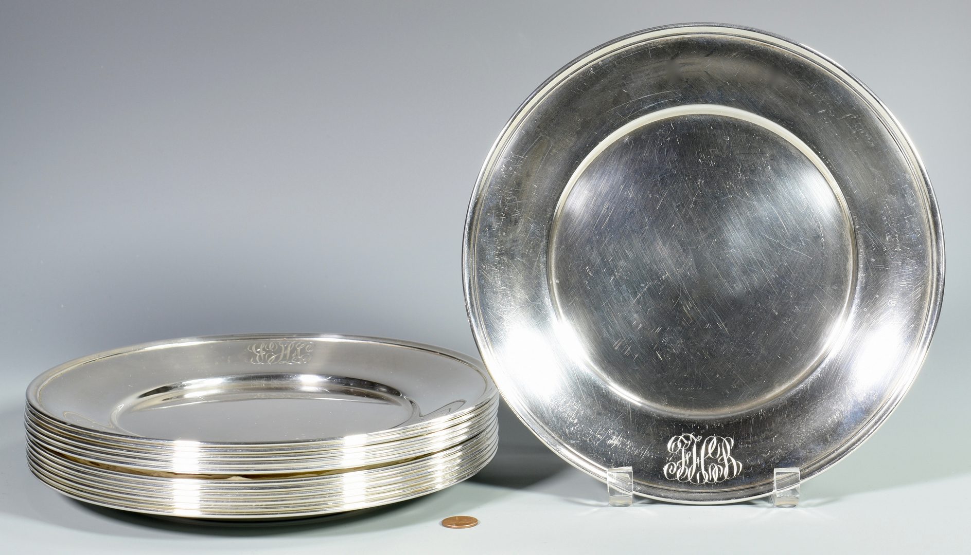 Lot 54: 12 Whiting Sterling Silver Plates, Monogrammed
