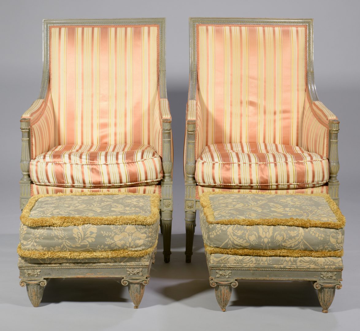 Lot 595: Pair Louis XVI Style Bergere Armchairs & Footstools