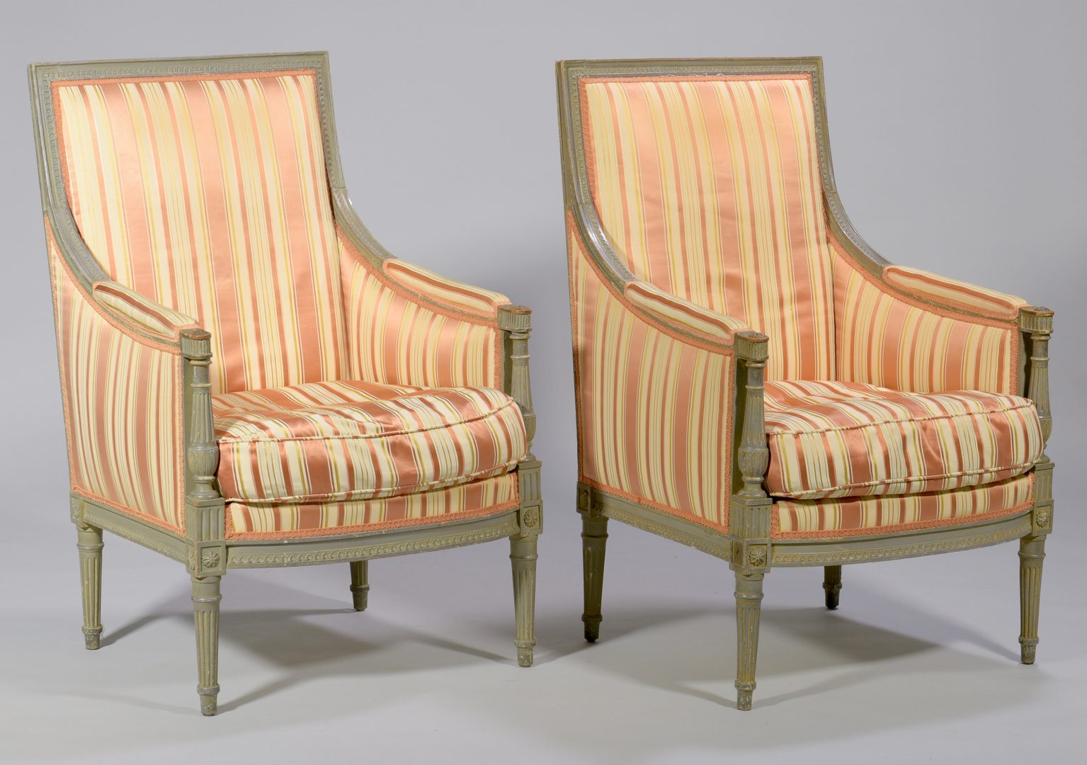 Lot 595: Pair Louis XVI Style Bergere Armchairs & Footstools