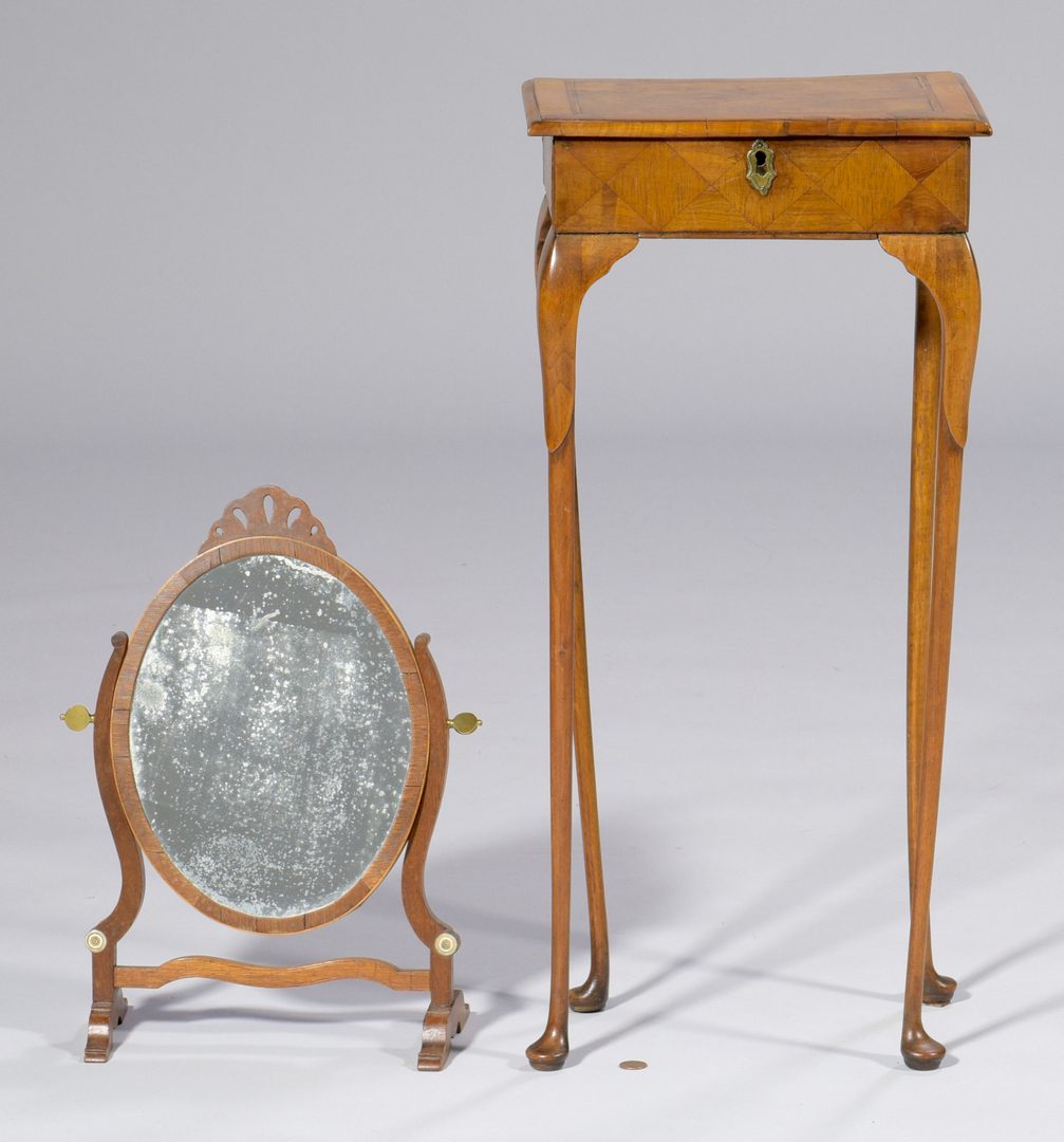 Lot 597: Petite Parquetry Table plus Shaving Mirror