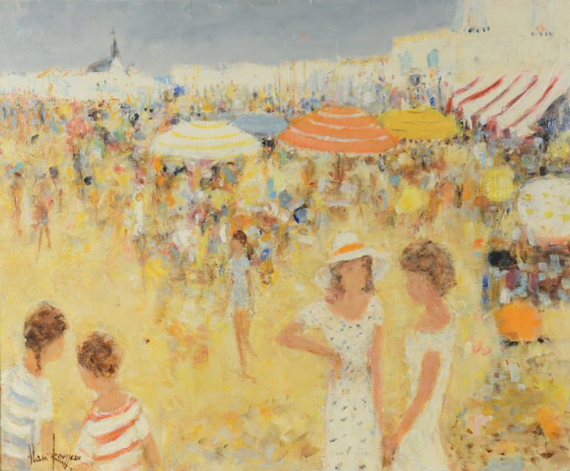 Lot 650: Alain Rousseau o/c, Crowded Beach Scene