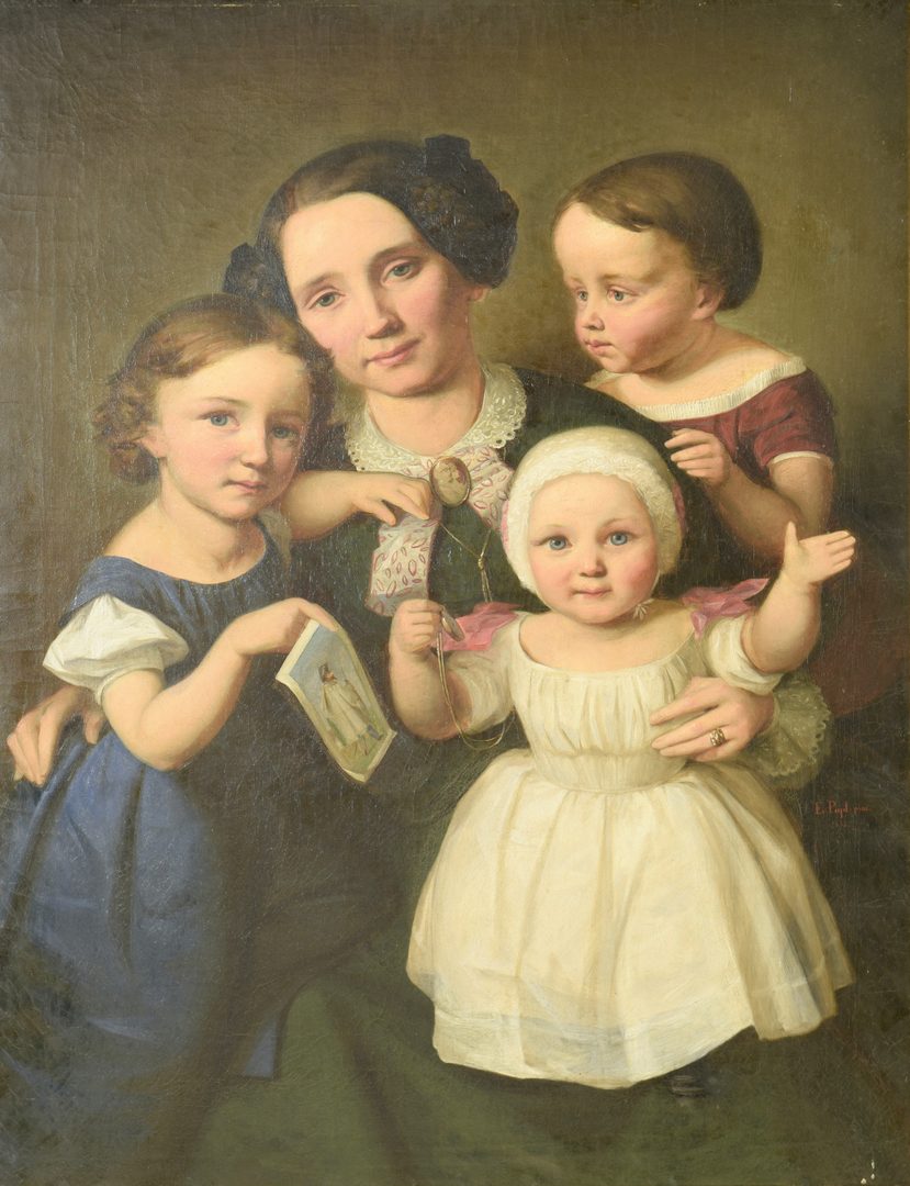 Lot 655: Continental Oil on Canvas Portrait Mother &  3 Children