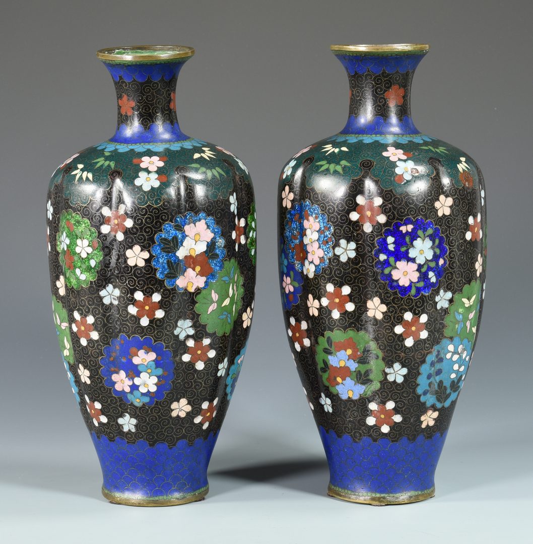 Lot 672: Pr. Asian Cloisonne Vases & Punchbowl